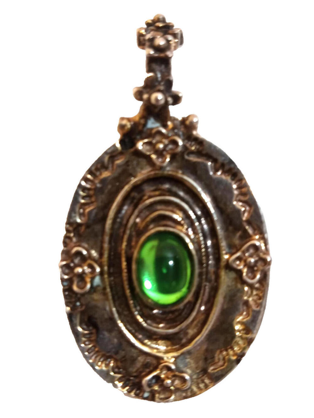 Brasstone Pewter Scandinavian Pendant Green Stone 1  4/8" x 1" Textured Finish
